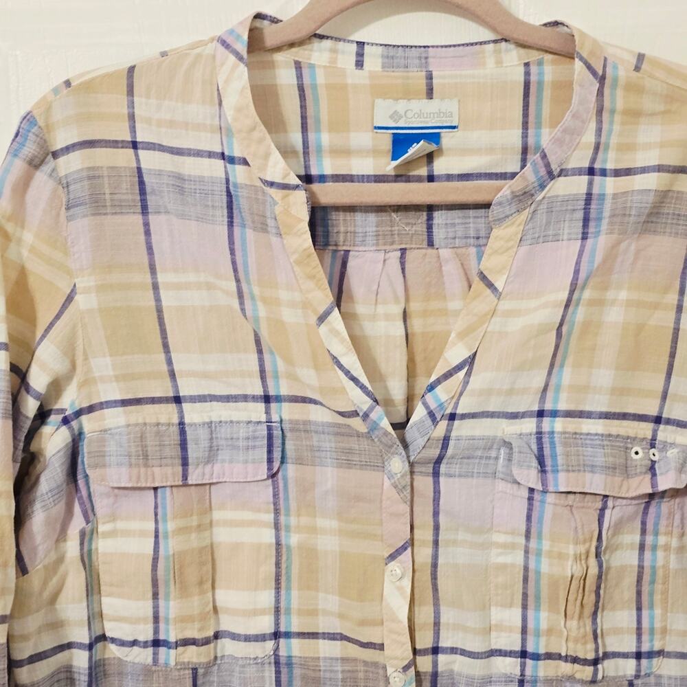 Columbia PFG Purple Plaid Button Up Shirt Women’s XL 100% Cotton Collarless